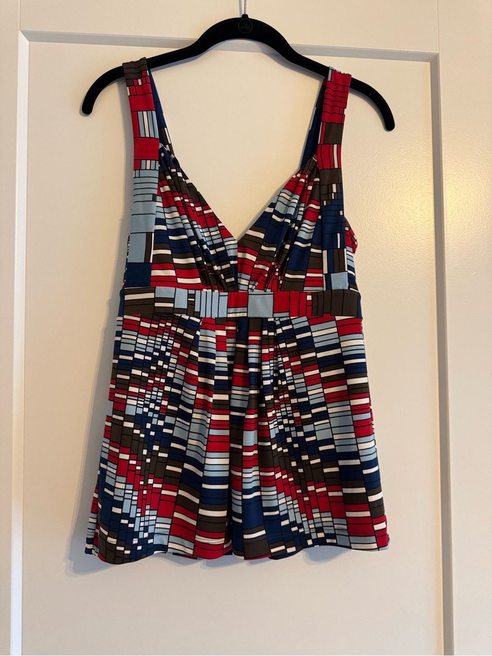 BCBGMaxAzria Red, Blue & Gray Geometric V-Neck Top, Small